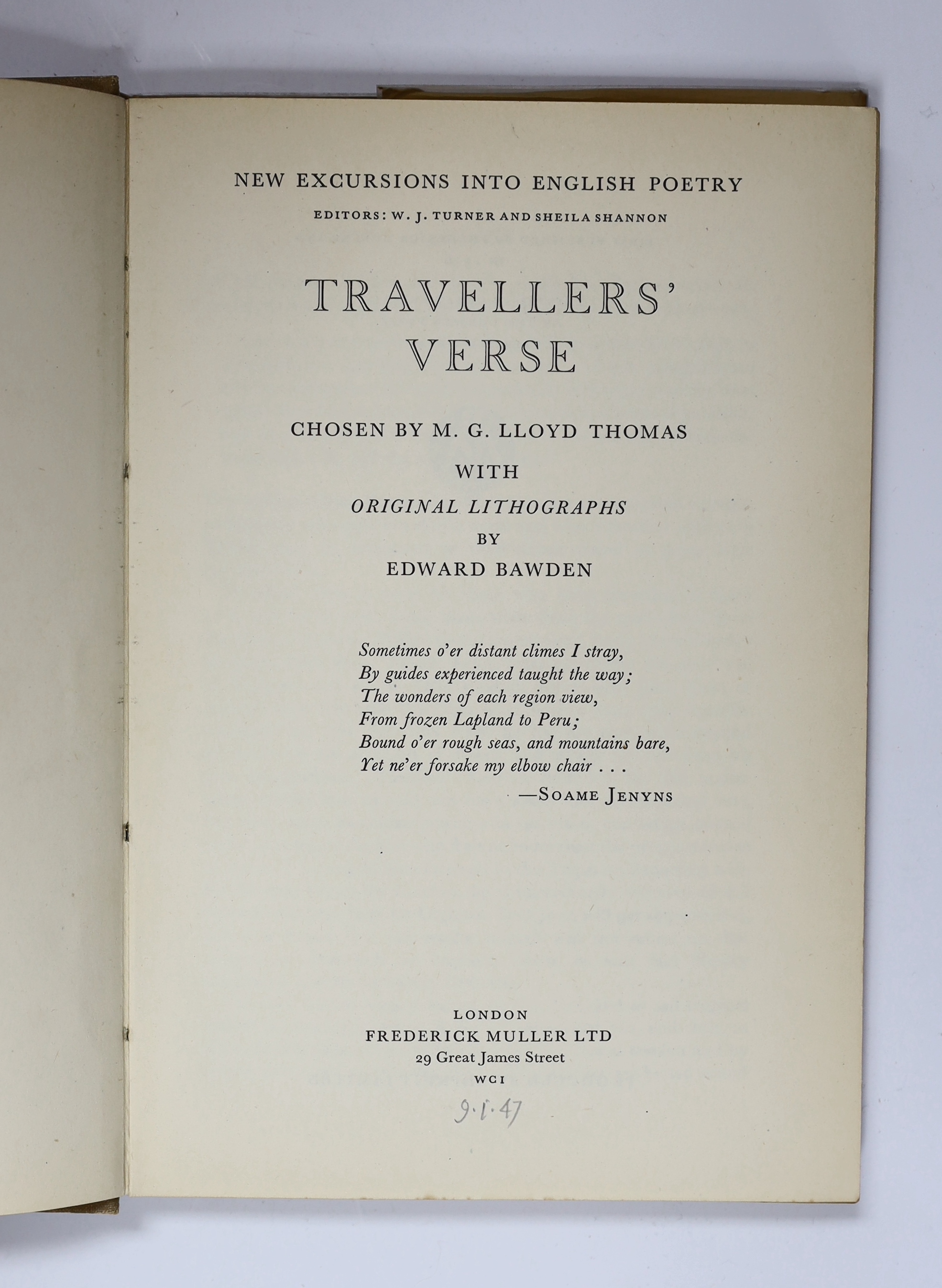 Thomas, M.G Lloyd (chosen by) - Travellers’ Verse, inscribed by Edward Bawden to the editor of the series, dated 9/1/47 and illustrated with 14 full-page coloured lithographs, 8vo, original pictorial cloth and matching d